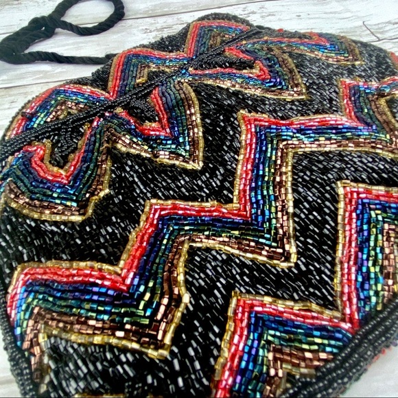 VINTAGE Flapper Bohemian Beaded Purse Black Gold Red Peacock Blue Evening Clutch - Picture 2 of 10